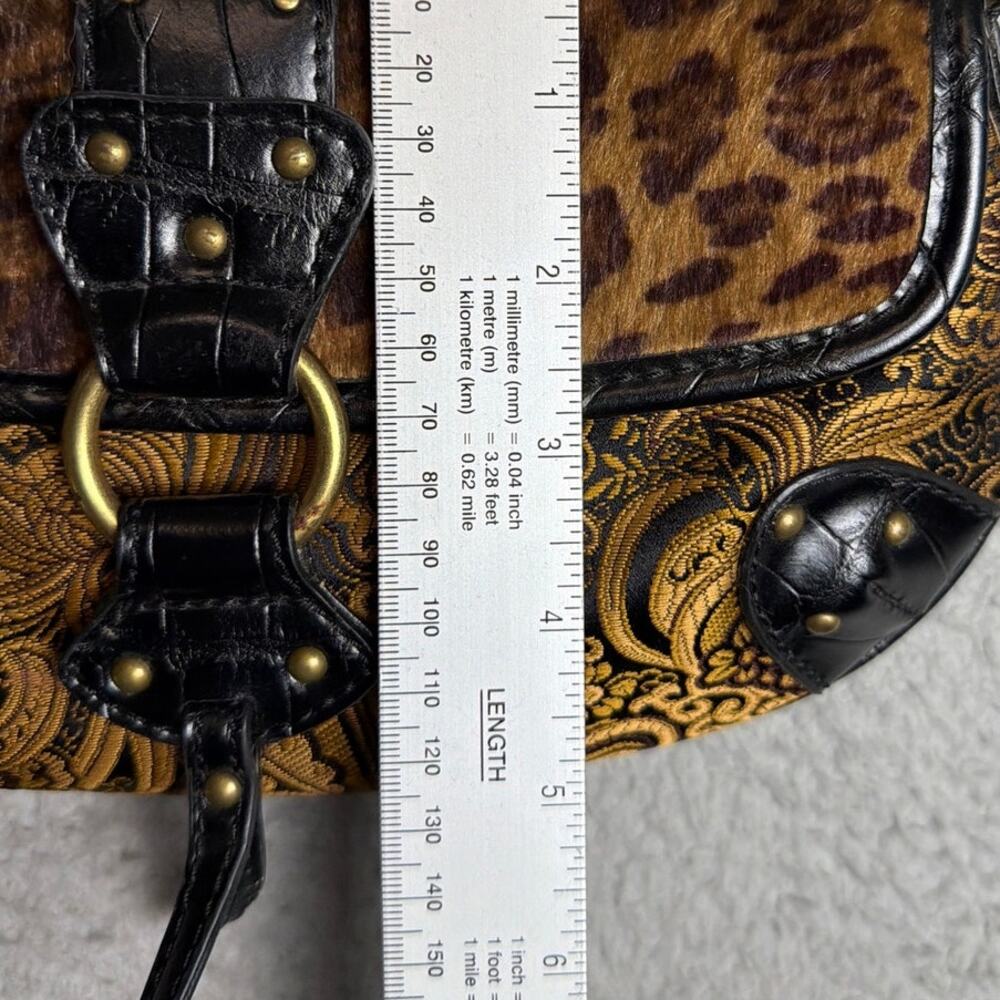 Y2K Leopard Fur Paisley Baguette Bag Gothic Boho Shoulder Purse Brass Hardware - Picture 5 of 10